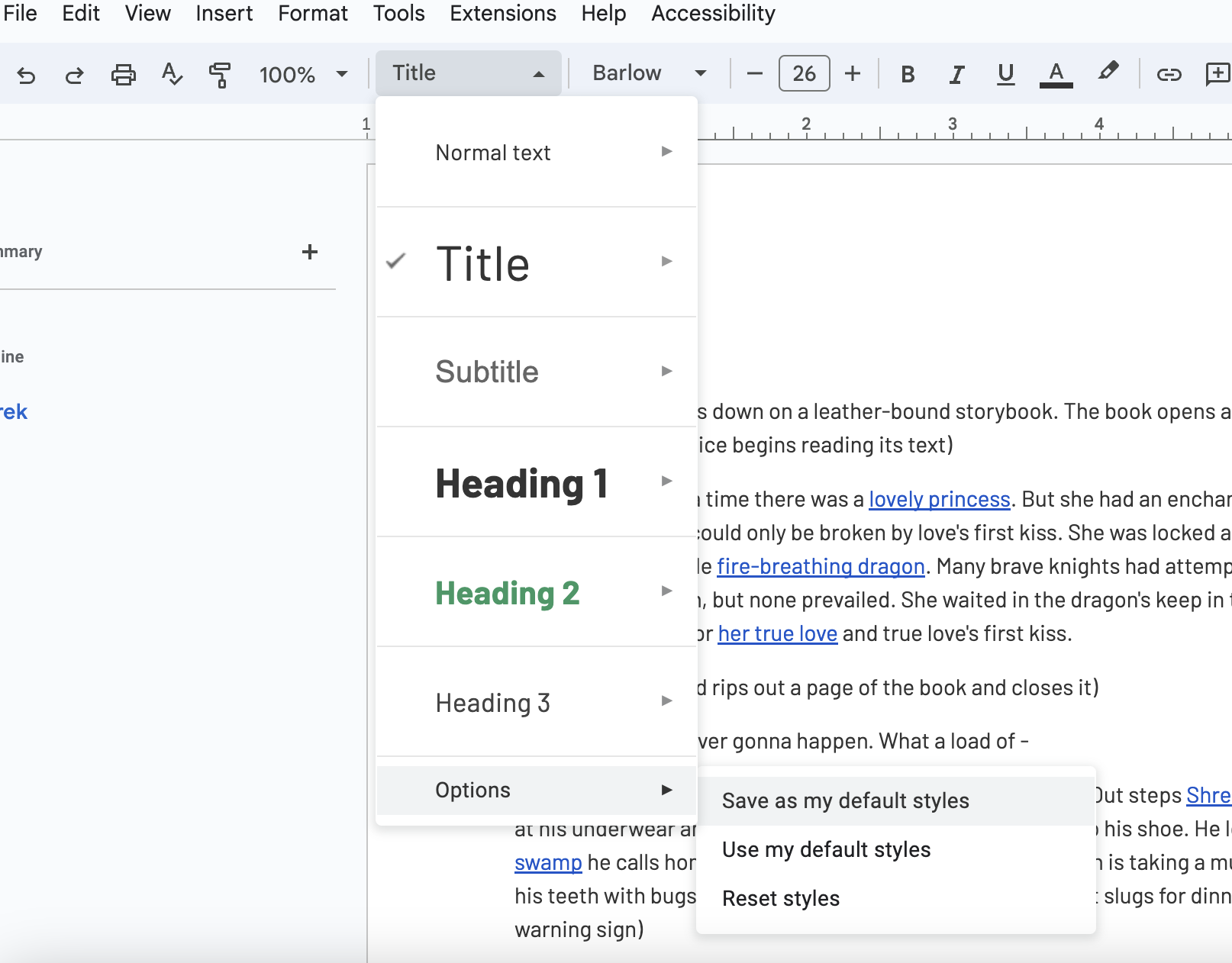 Screenshot of the Visual Style Guide Google Document with the Styles menu expanded. Expanded menu shows options Normal text, Title, Subtitle, Heading 1, Heading 2, Heading 3, and Options. Options sub-menu is expanded to show Save as my default styles, Use my default styles, and Reset styles. Save as my default styles is selected.